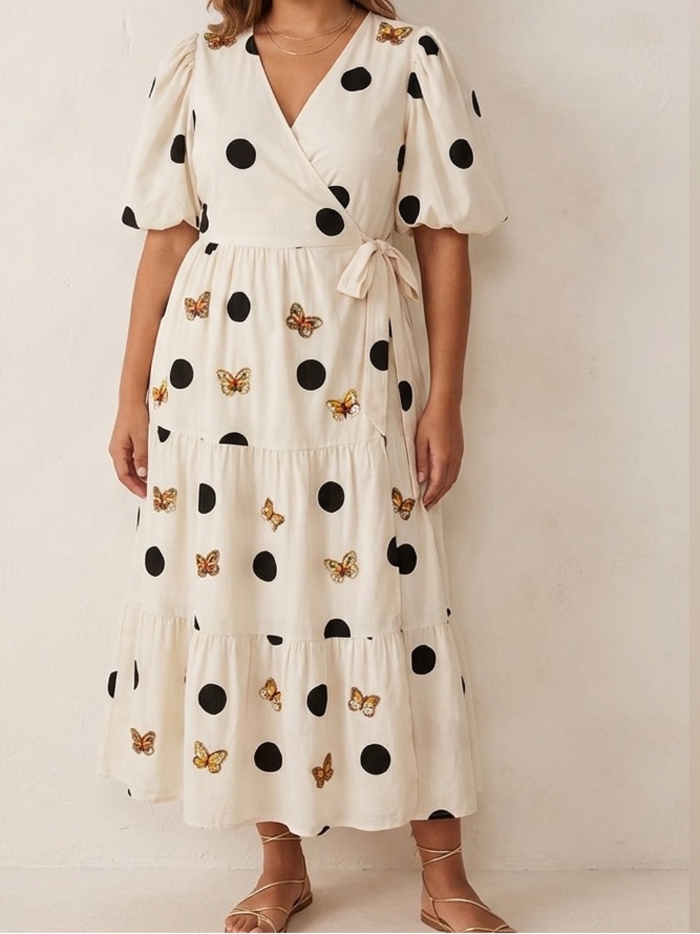 Nasty Gal Polka Dot Butterfly Wrap Midi Dress Size 8 Puff Sleeve Cream❤️